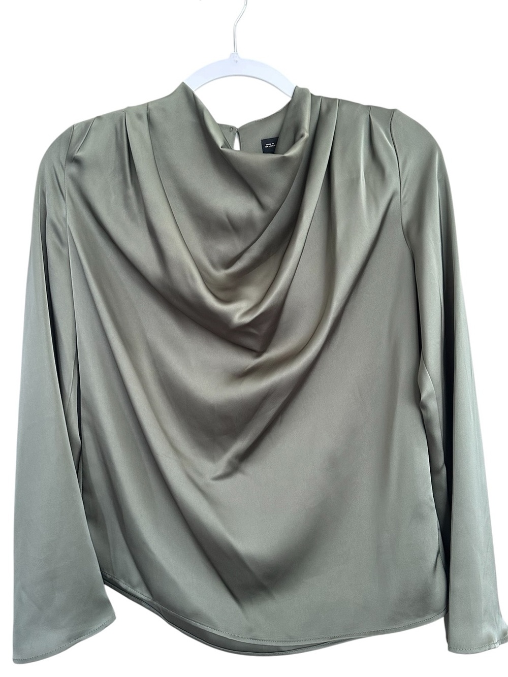 Sage Satin Cowl Neck Blouse Old Money Quiet Luxury Bell Sleeve Top UK 6 US S / M